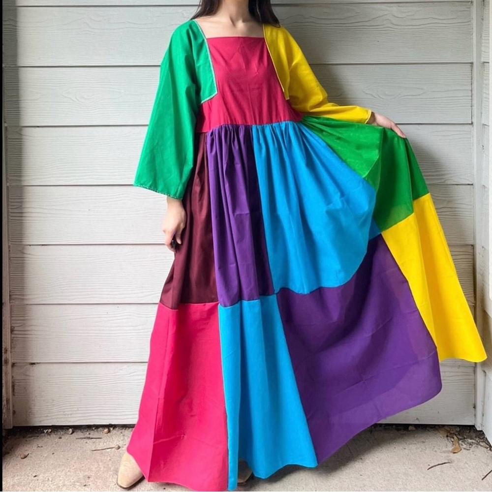 Handmade Retro Colorblock Bandana Dress/Maxi/Long Sleeve SKU 16622